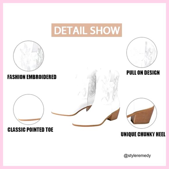 Western Cowgirl Ankle Boots Embroidered Vegan Leather Pull On Block Heel - Picture 5 of 7